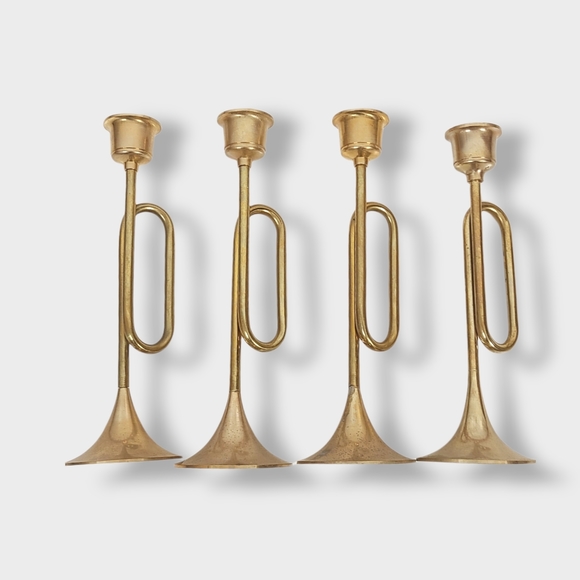 Vintage Brass Gold Trumpet Candlesticks (Set of 4)
